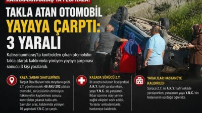 Kahramanmaraş’ta meydana gelen trafik kazasında kontrolden çıkan otomobilin takla atarak