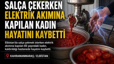 Kahramanmaraş’ın Elbistan ilçesinde evinin bahçesindeki konteynerde salça çektiği sırada elektrik