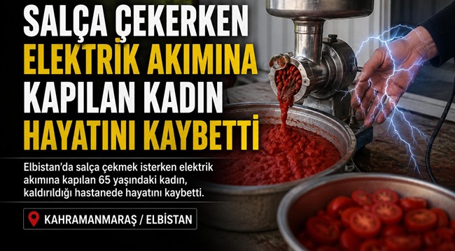 Kahramanmaraş’ın Elbistan ilçesinde evinin bahçesindeki konteynerde salça çektiği sırada elektrik