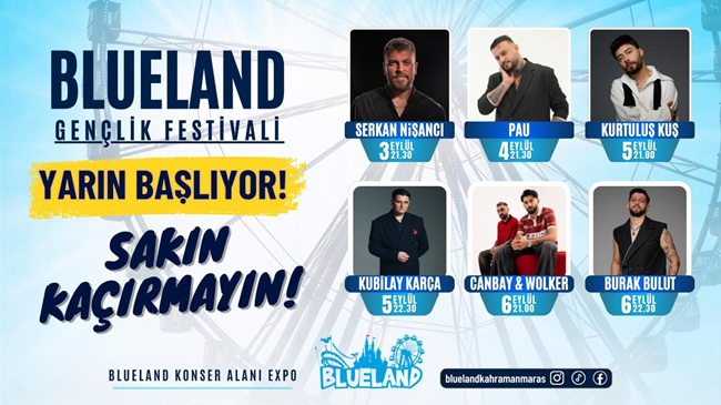Kahramanmaraş’ta gençlerin merakla beklediği Blueland Gençlik Festivali yarın başlıyor. 3-6