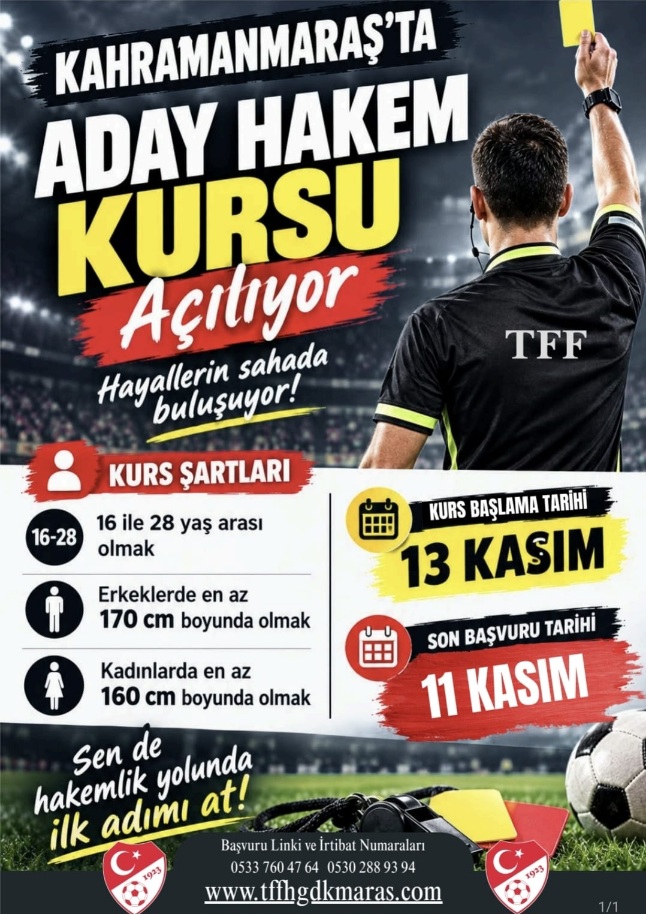 Kahramanmaraş’ta Aday Hakem Kursu Açılıyor! Kahramanmaraş’ta futbol hakemi olmak isteyen